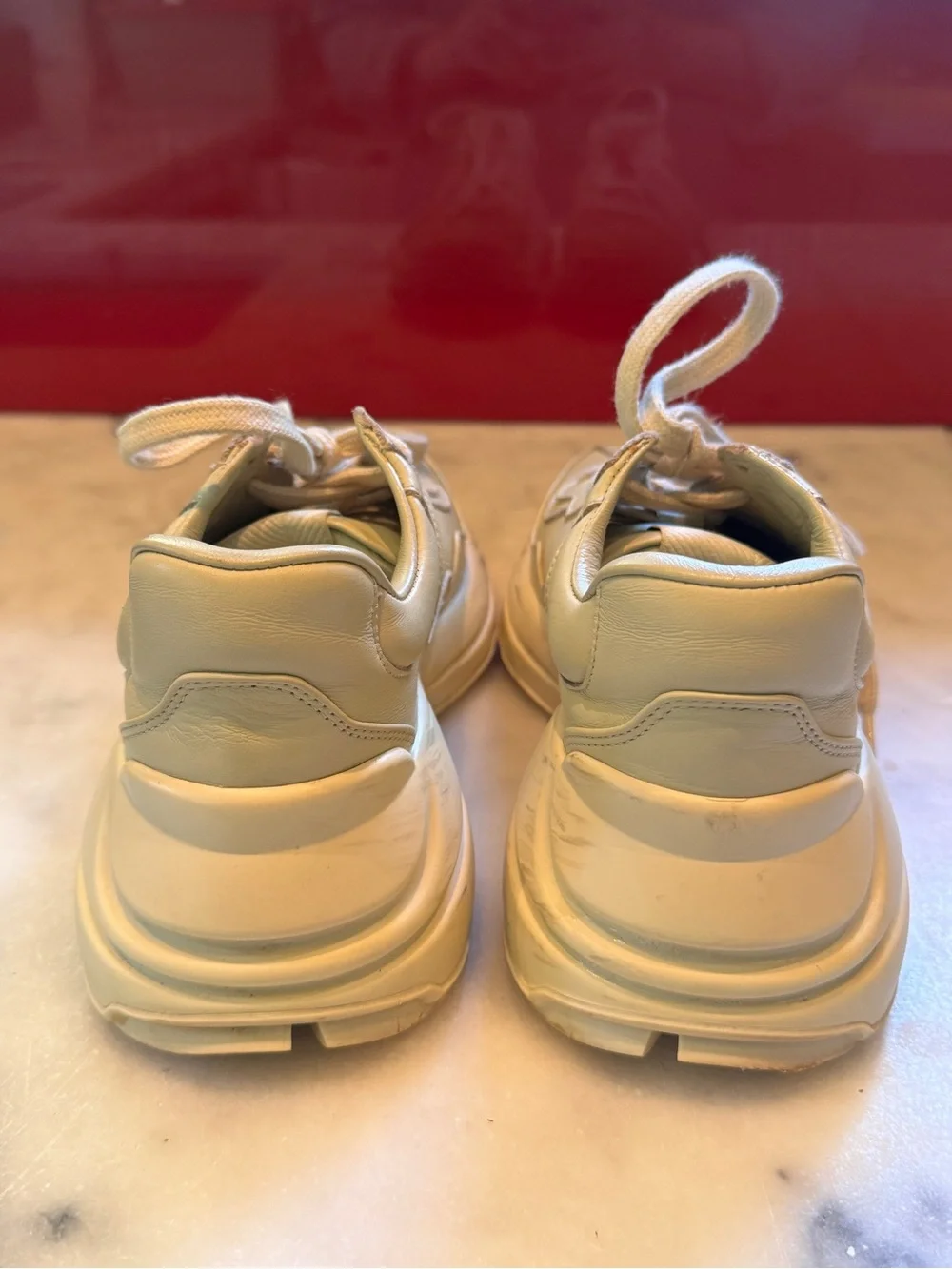 Vintage Sample Gucci Rhyton Cream Leather Tennis Shoes with Crossed Racket Logo